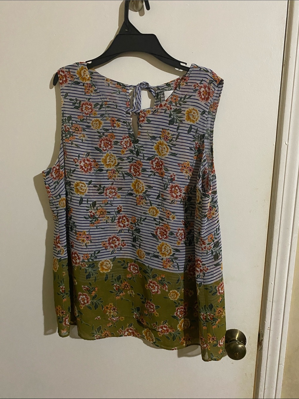 CAbi Striped Floral Tie-Back Camisole in Blue and Green